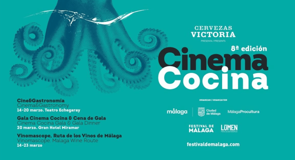 Cartel promocional del evento 'Cinema Cocina' con un diseño de pulpo y detalles sobre las actividades del festival en Málaga.