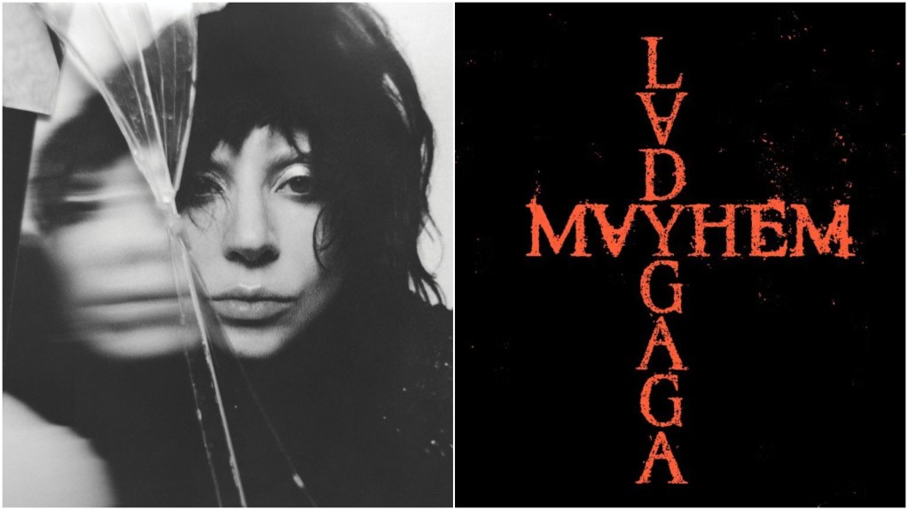 Retrato en blanco y negro de Lady Gaga, con un enfoque artístico que muestra su rostro parcialmente cubierto, acompañado del título del álbum 'MAYHEM' en letras rojas sobre un fondo negro.